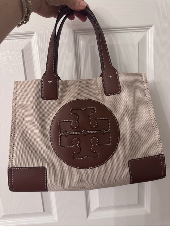 Tory Burch Handbags - Tory Burch Beige Canvas Tote with Brown Leather Trim